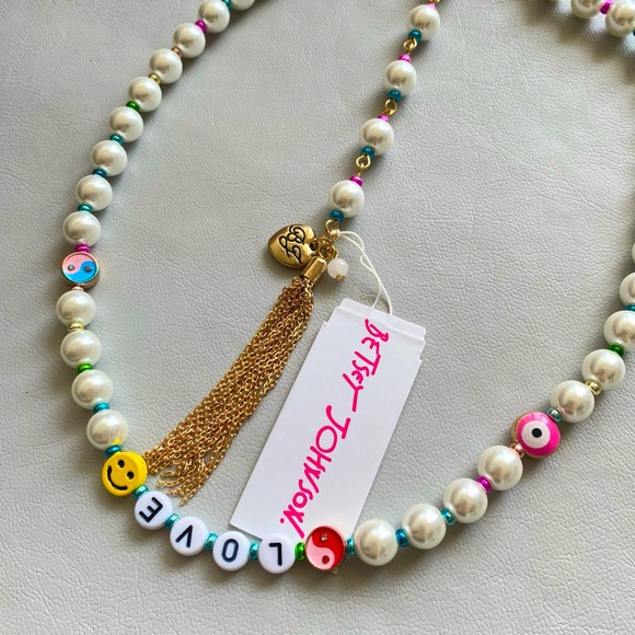 Betsey Johnson LOVE Pearl Rainbow Gold Tone Tassel Extender Collar Necklace NWT - Picture 8 of 14